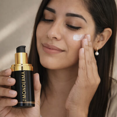 Middle aged mixed race woman holding a Monderma bottle and applying cream to her face on a beige background class=