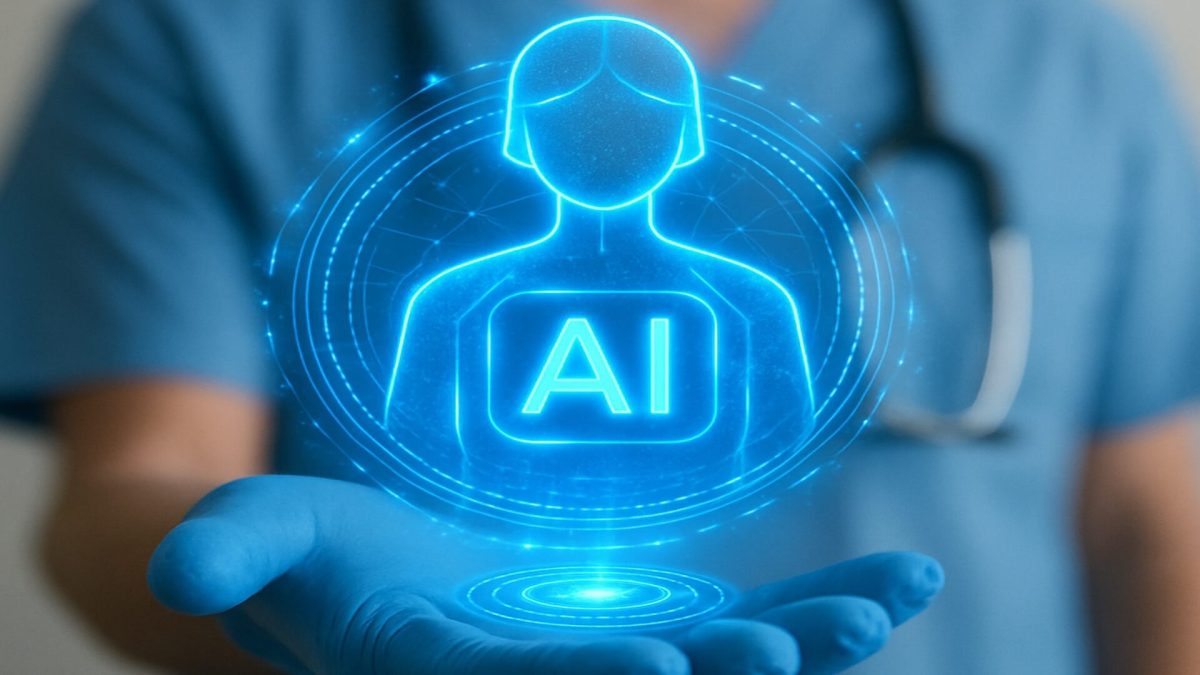 AI in healthcare hologram held by doctor