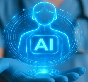 AI in healthcare hologram held by doctor