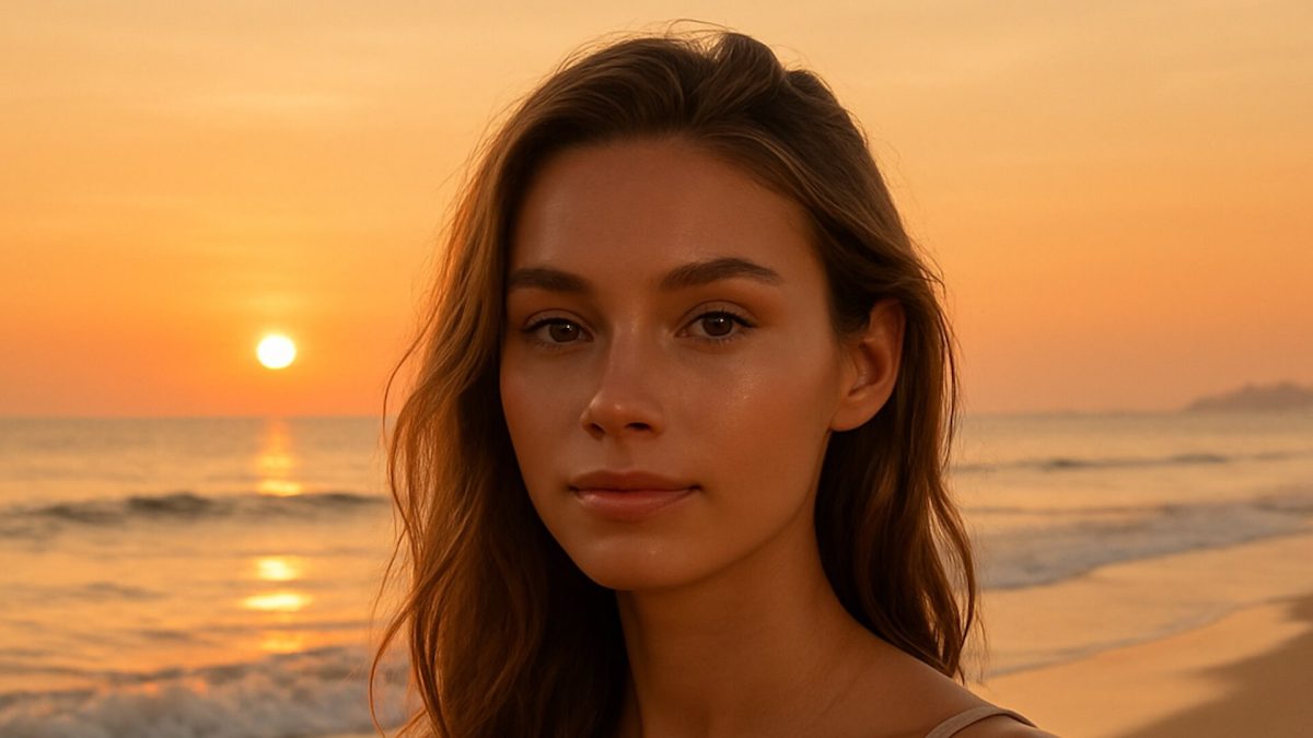 Beautiful woman on beach with clear skin at sunset