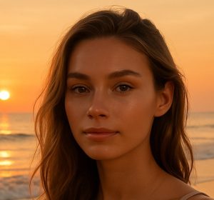 Beautiful woman on beach with clear skin at sunset