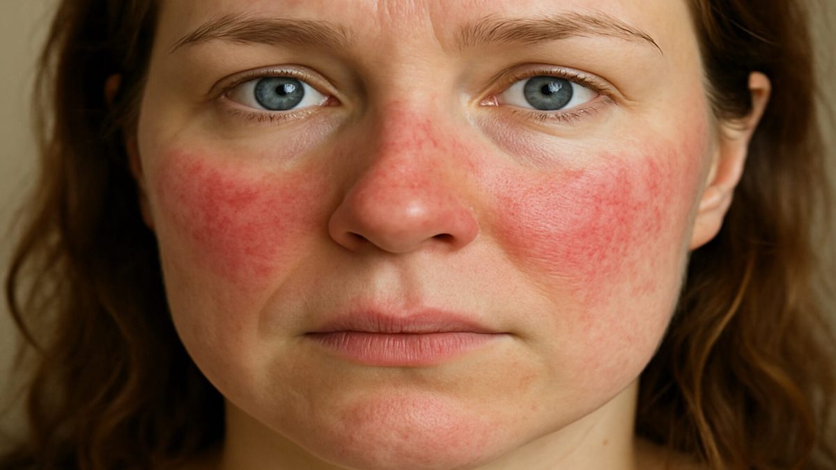Blue eyed woman suffering from rosacea