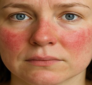 Blue eyed woman suffering from rosacea