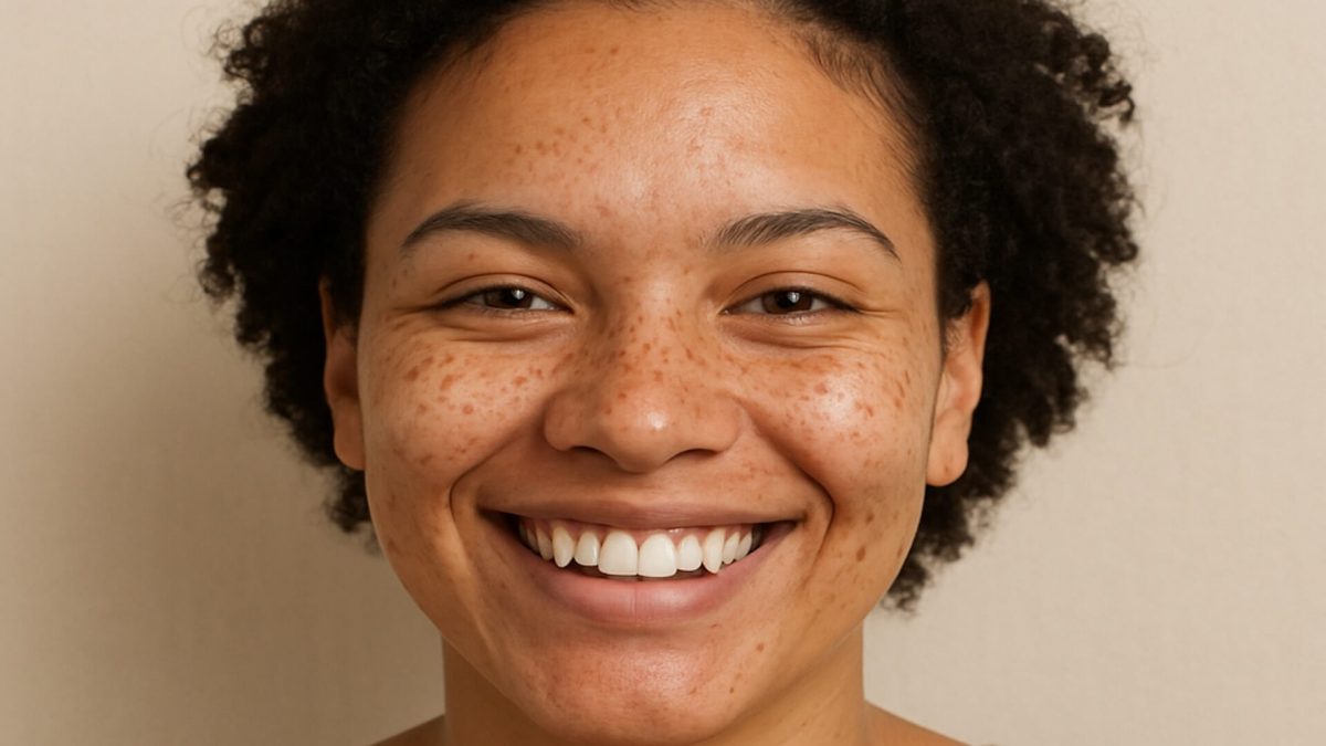 Female mixed race smiling with facial hyperpigmentation