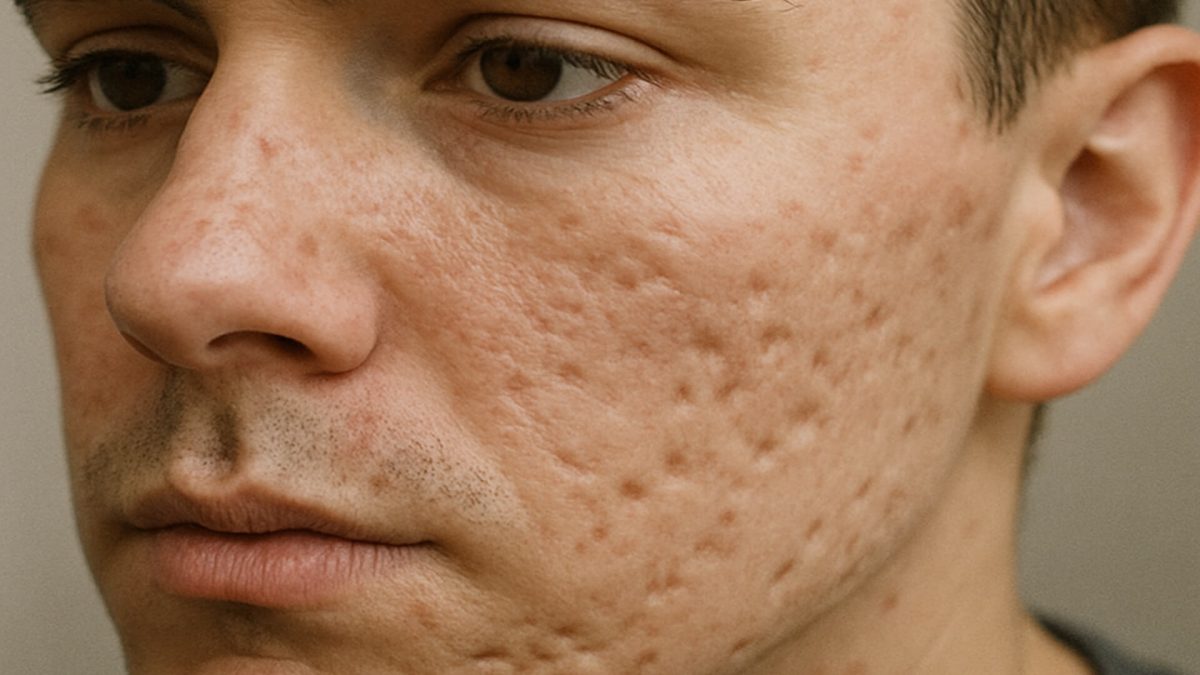 Man with severe atrophic scarring on face