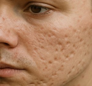 Man with severe atrophic scarring on face