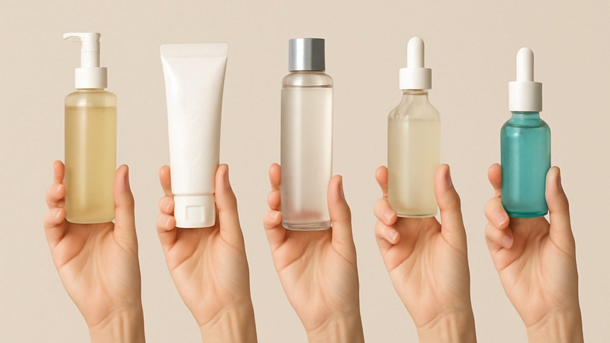 Multiple hands holding products used for ten step Korean skincare routine