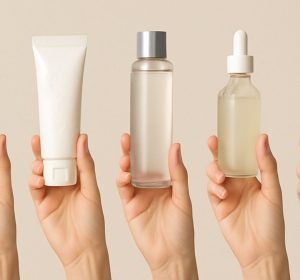 Multiple hands holding products used for ten step Korean skincare routine