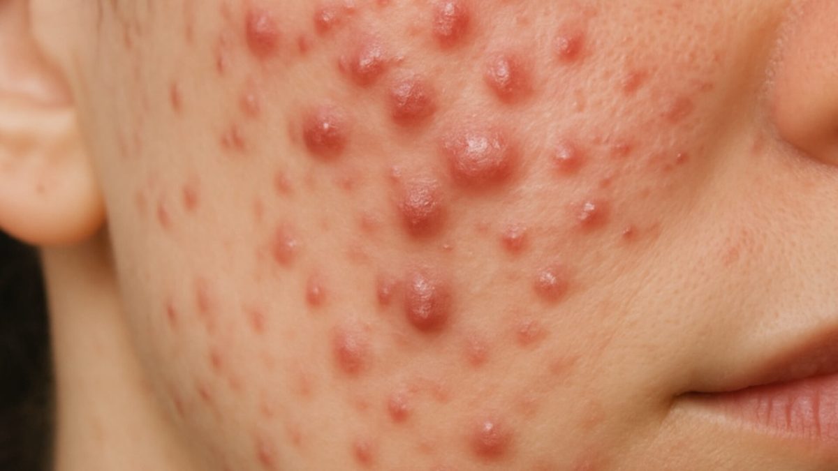 Severe cystic acne on cheek closeup