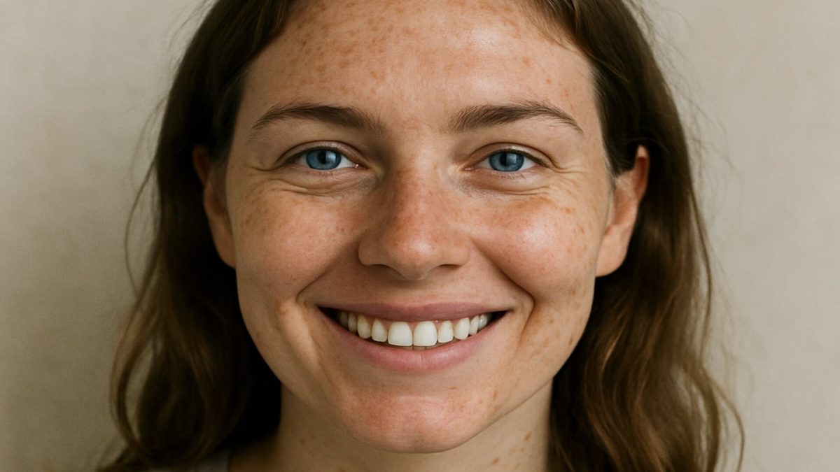 Smiling blue eyed woman with hyperpigmentation