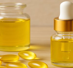 Vitamin E oil pills serum supplements on display