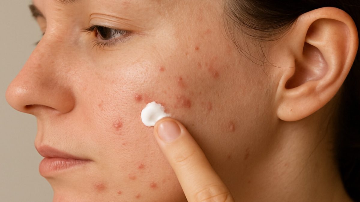 Woman applying acne treatment to face