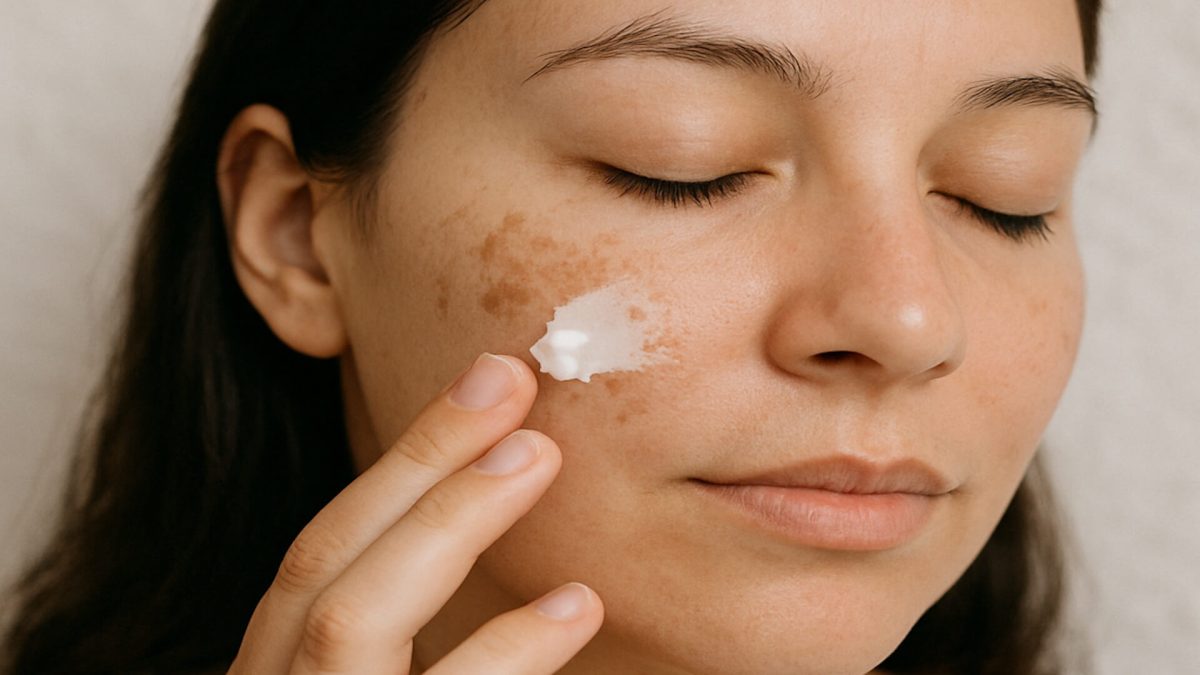 Woman applying hydroquinone cream to hyperpigmentation on face