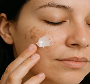 Woman applying hydroquinone cream to hyperpigmentation on face