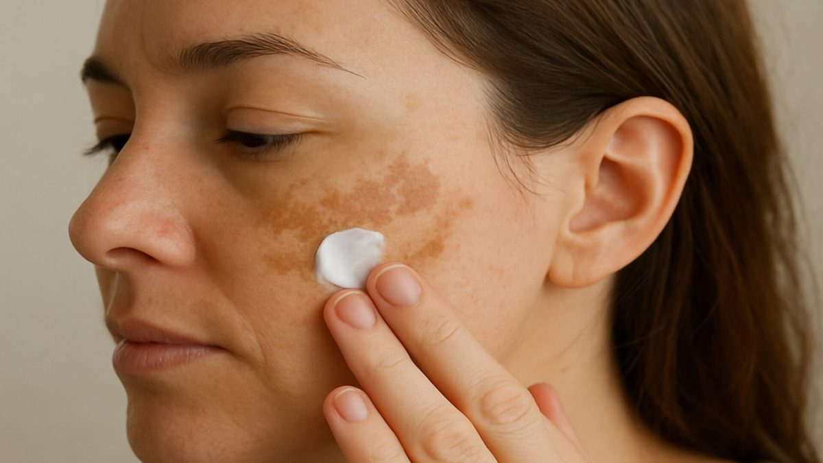 Woman applying hydroquinone cream to melasma on face