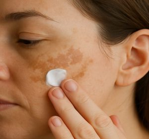 Woman applying hydroquinone cream to melasma on face