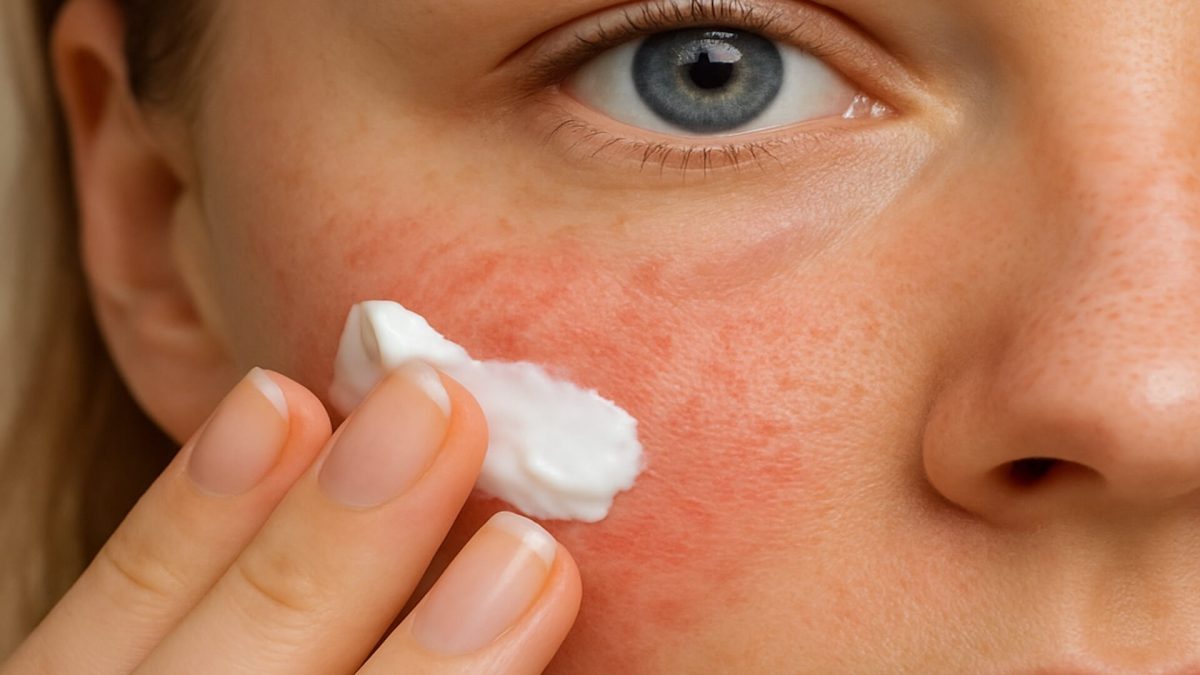 Woman applying prescription face cream for rosacea
