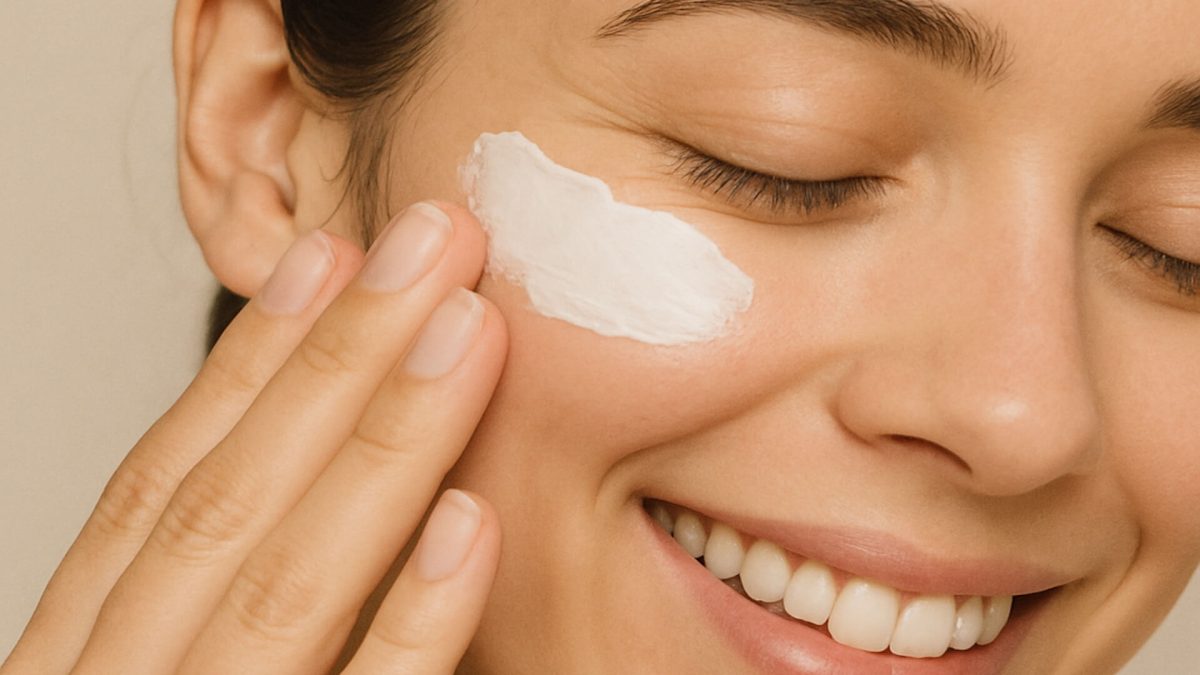 Woman applying tretinoin cream to face