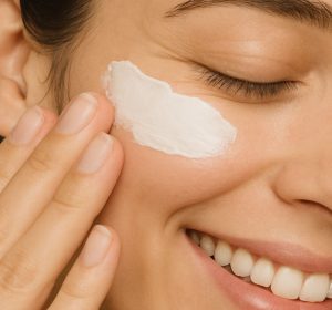 Woman applying tretinoin cream to face