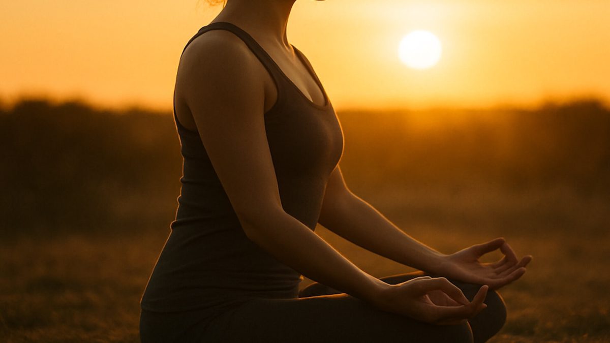 Woman meditating mindfulness outdoors at sunset