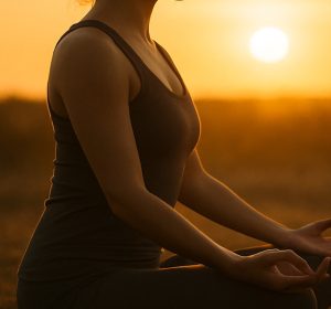 Woman meditating mindfulness outdoors at sunset