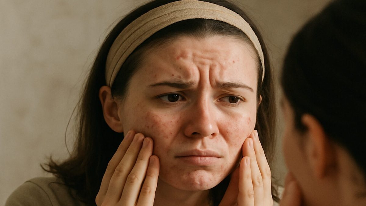 Woman visibly distressed by appearance of her skin