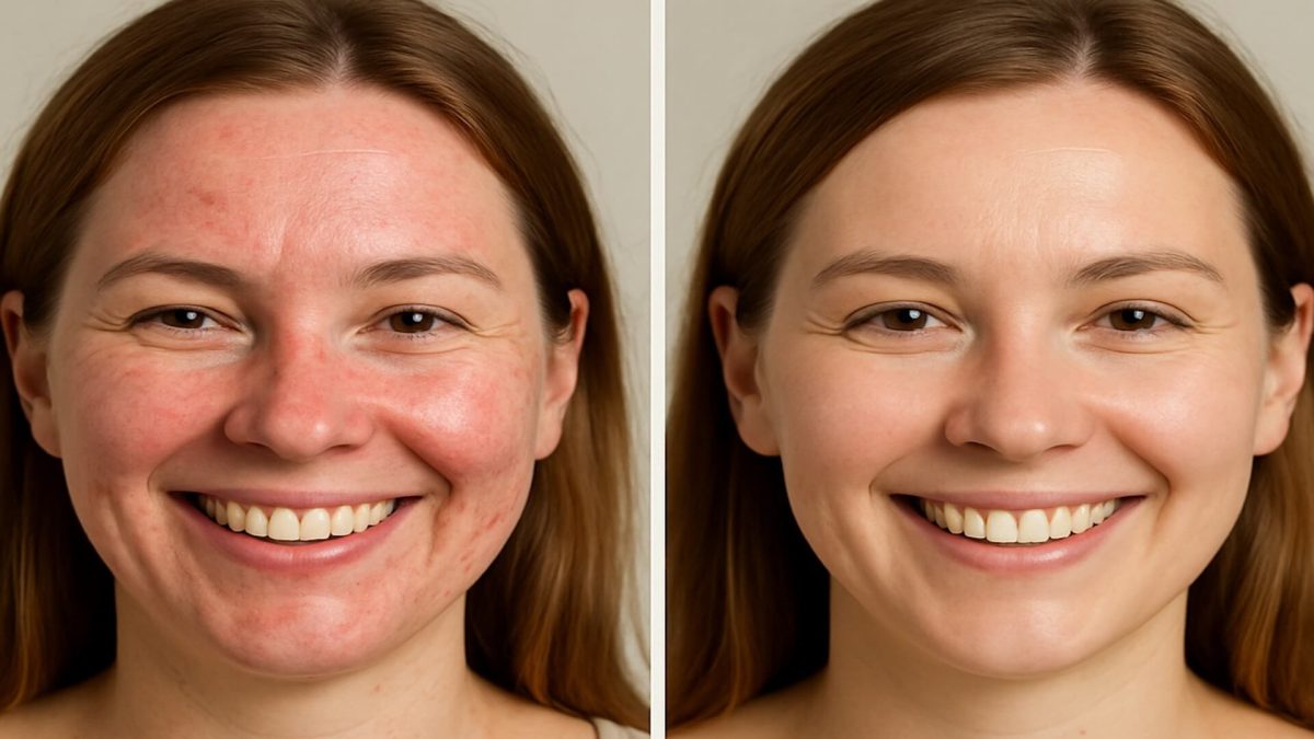Woman with rosacea before vs after using ivermectin