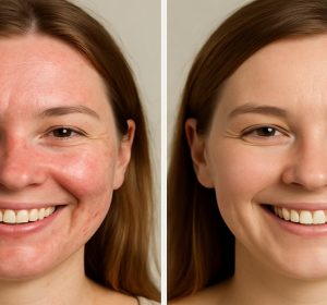 Woman with rosacea before vs after using ivermectin
