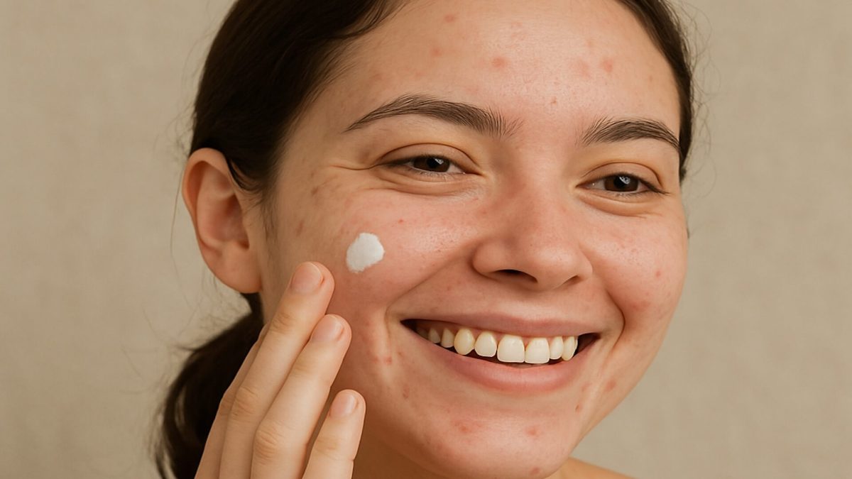 Young woman applying adapalene cream to acne on face