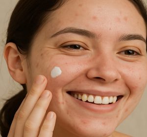 Young woman applying adapalene cream to acne on face