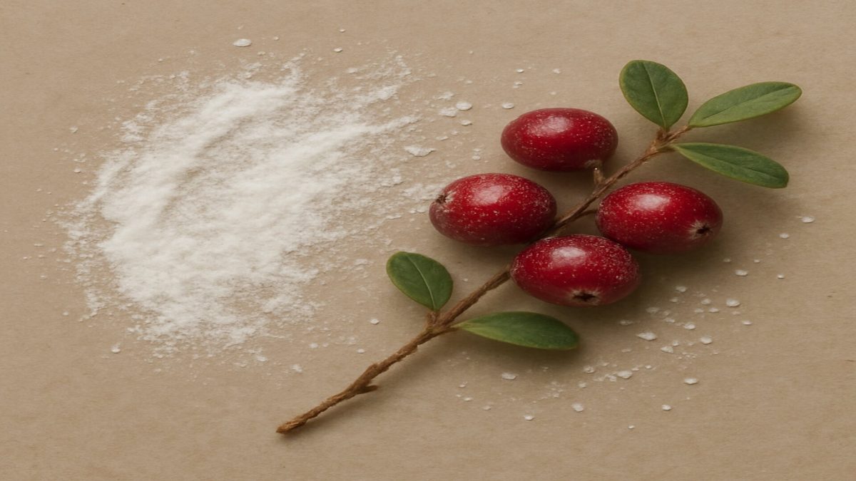 Alpha arbutin powder next to some cranberries