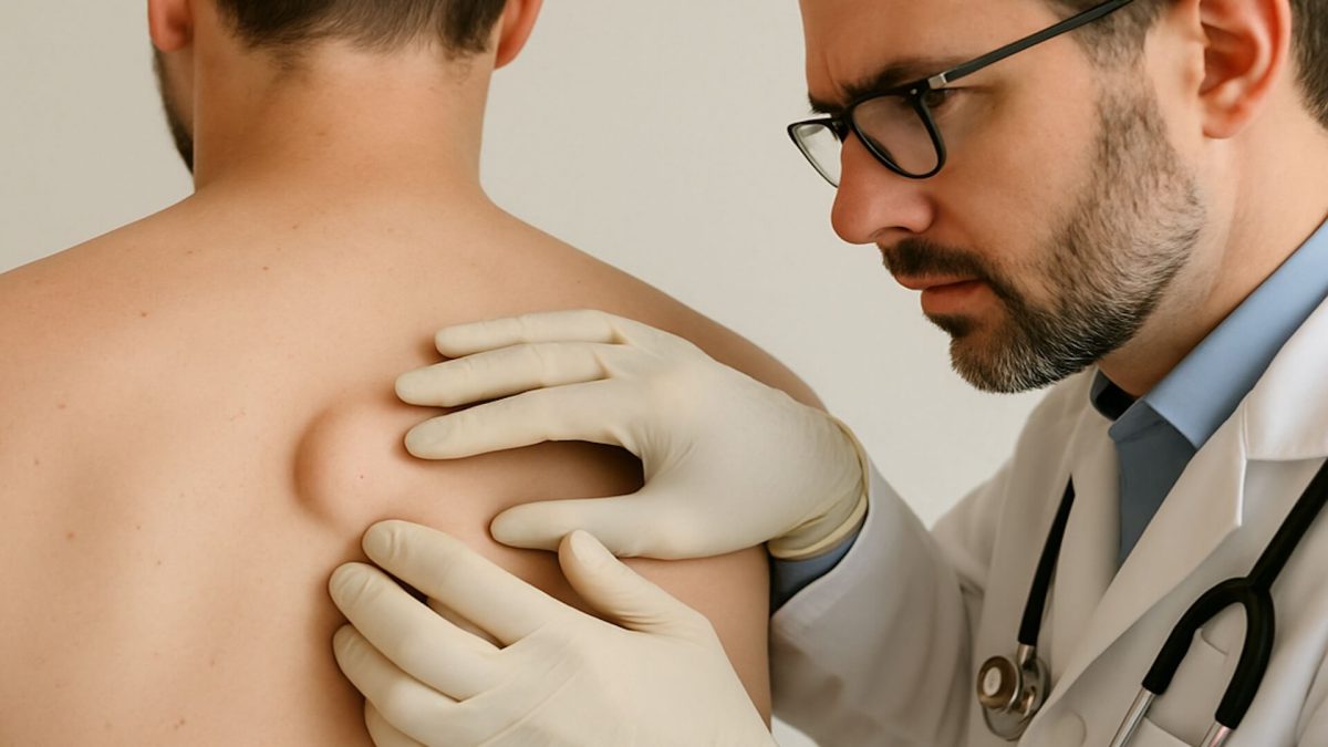 Dermatologist inspecting lipoma on patients back