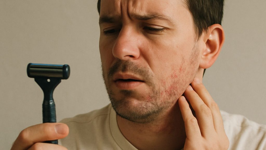 Man with follicular eczema on neck after shaving