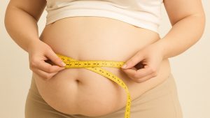 Overweight female measuring stomach with tape