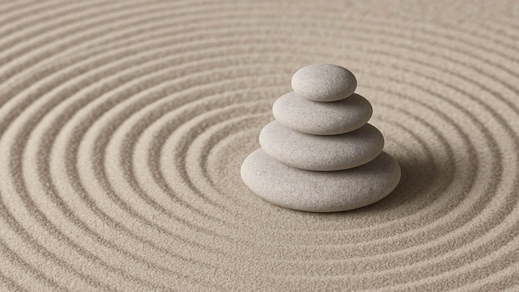 Perfectly raked zen garden with pebble pile