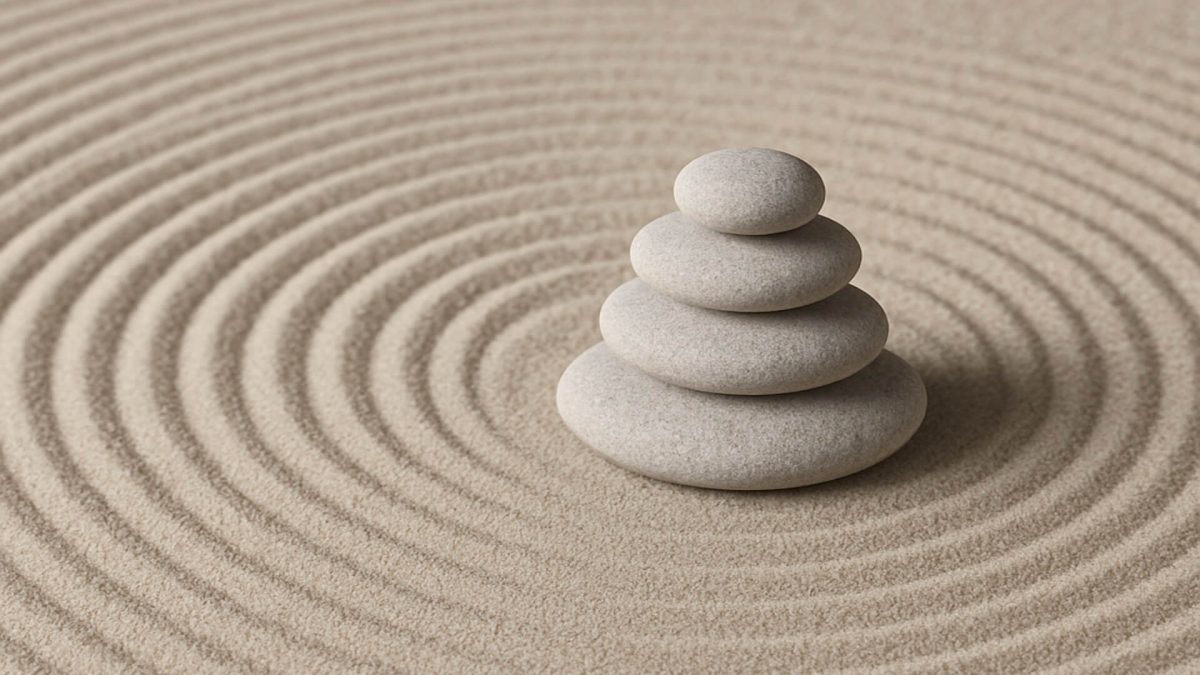 Perfectly raked zen garden with pebble pile