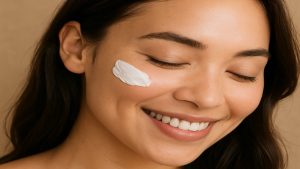 Smiling model with tretinoin cream on cheek