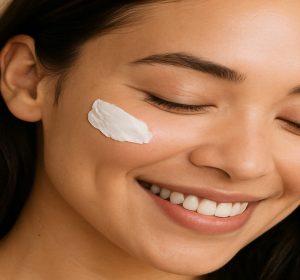 Smiling model with tretinoin cream on cheek