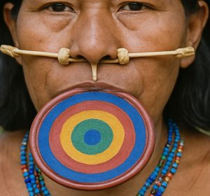 Tribe member with lip plate and nose plugs