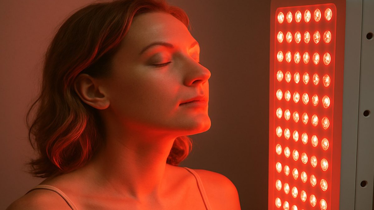 Woman receiving red light UV light therapy