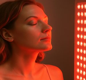 Woman receiving red light UV light therapy