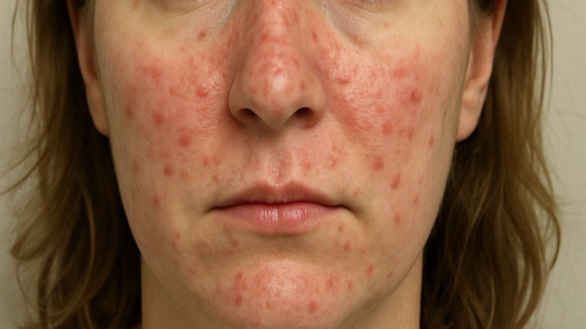 Woman with severe papulopustular rosacea