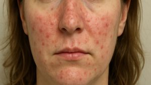 Woman with severe papulopustular rosacea
