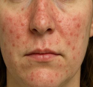 Woman with severe papulopustular rosacea