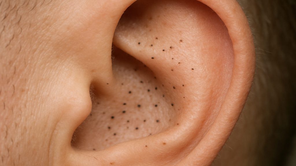 Closeup of blackheads in inner ear