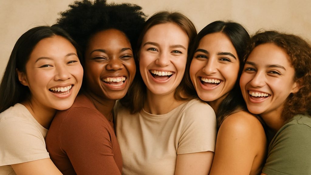 Five models from around the world smiling hugging