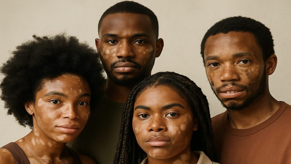 Four black models with vitiligo on faces and neck