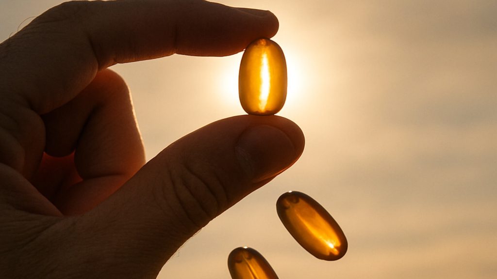 Hand holding vitamin d gel pill up to sun