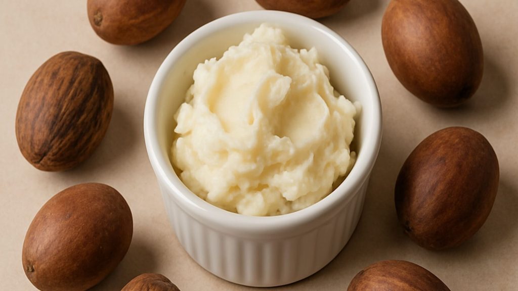Shea butter in ramekin with shea tree nuts