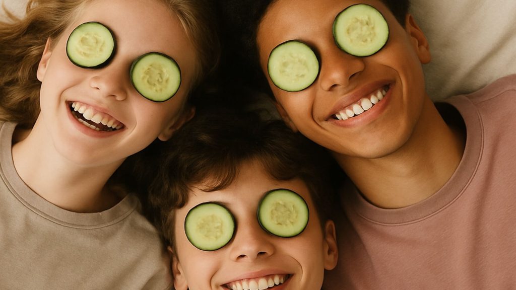 Three smiling teens with cucumber slices on eyes